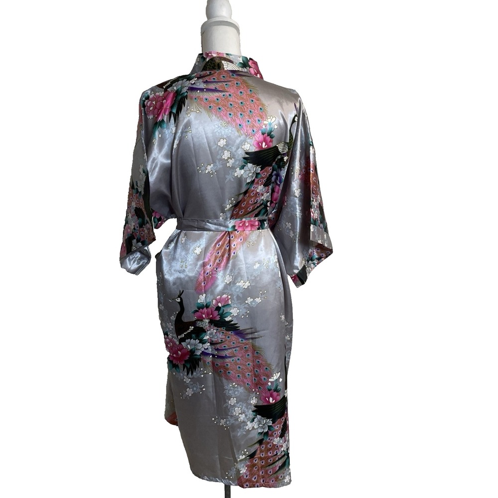 Womens Kimono Wrap Tie Robe One Size Silky Silver Gray Peacock Blossoms Lounge - Picture 2 of 9